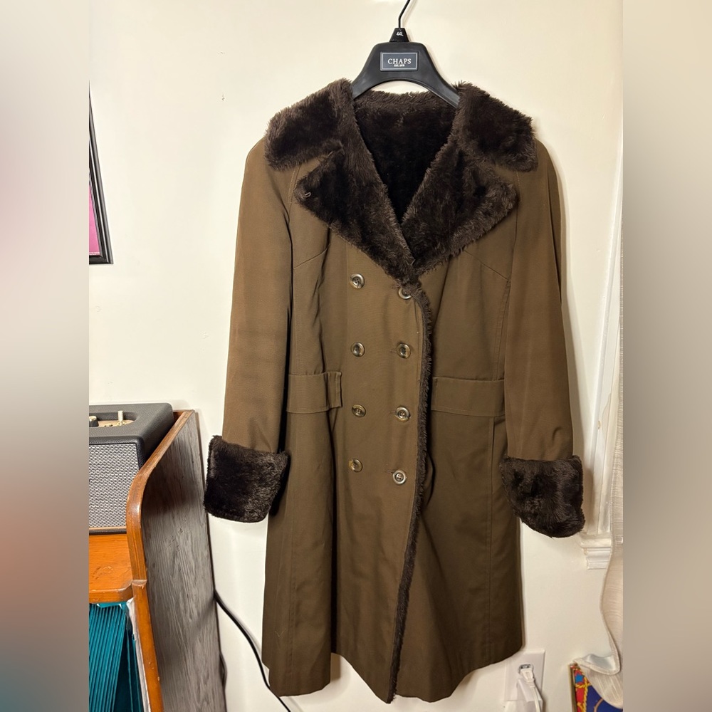 Vintage brown button down faux fur trench coat